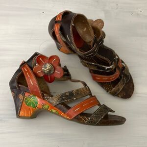 Conkys handcrafted floral design leather sandal womens size 5